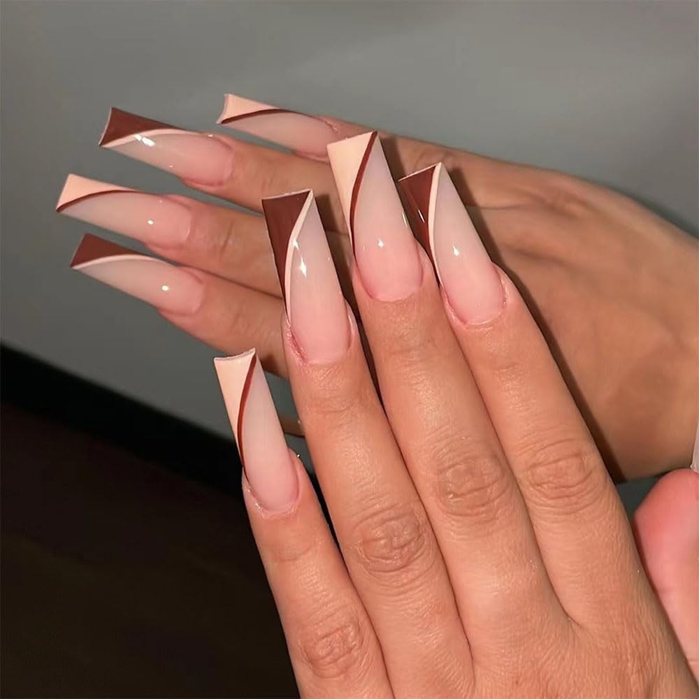 Shnwu Press On Nails Long Coffin French Tips Fake Nails With Simple