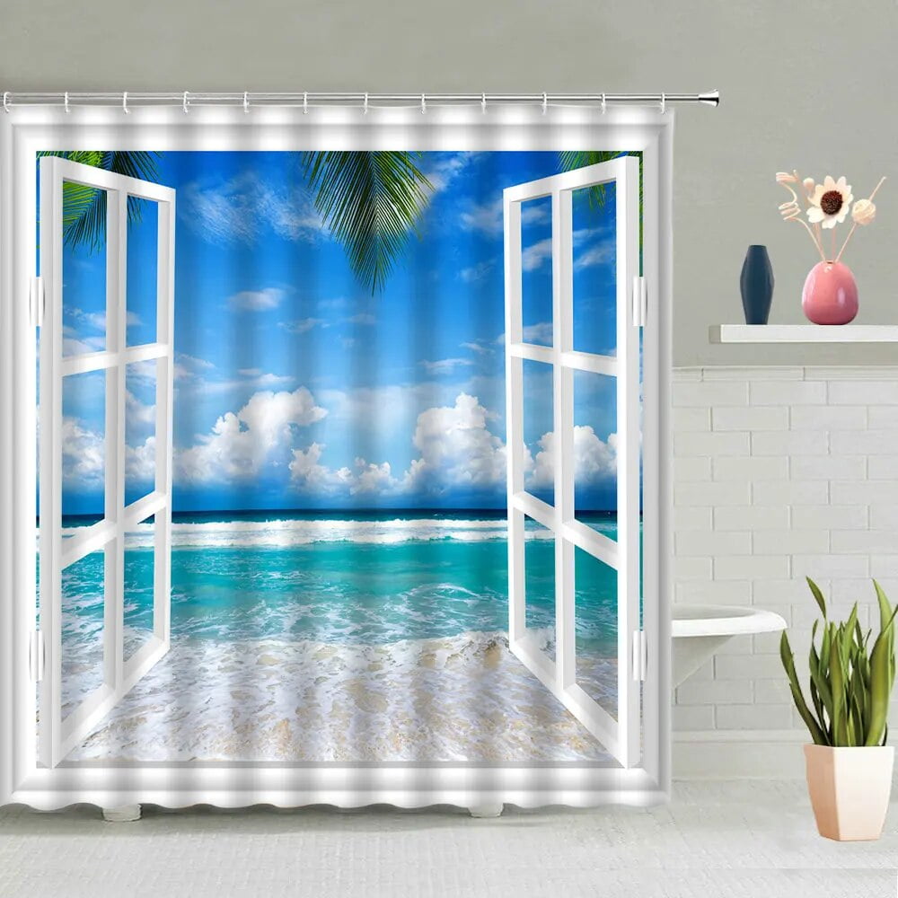 Seaside Beach Shower Curtain Palm Tree Bath Curtains White Window