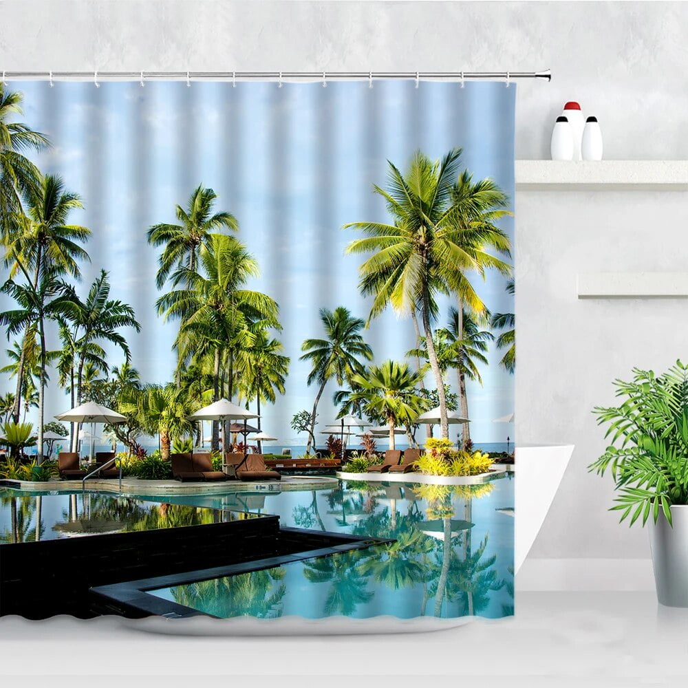 Seaside Beach Shower Curtains Tropical Palm Trees Plant Ocean Hawaii