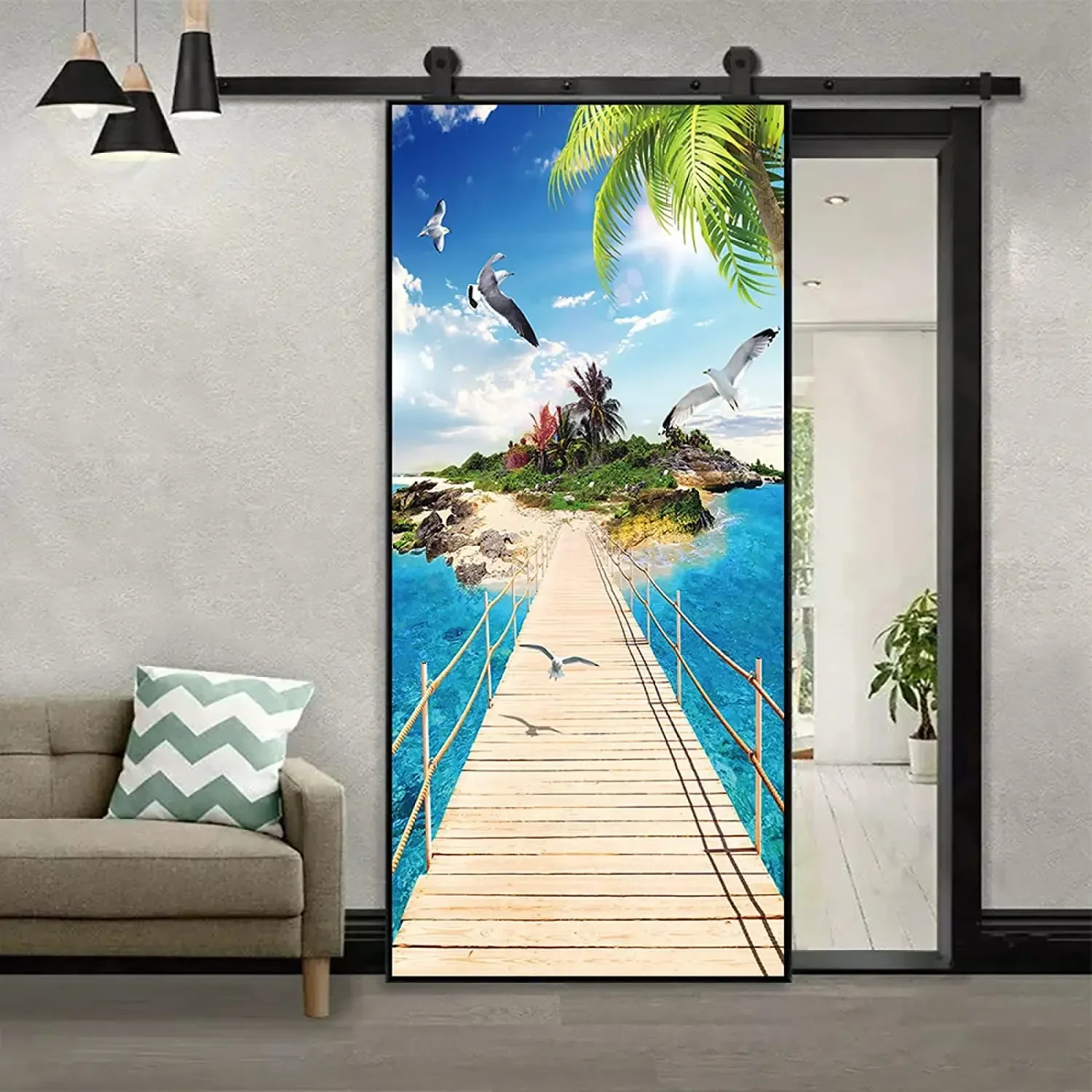 Seaside Palm Tree Door Stickers Hawaii Ocean Scenery Mural Sticker