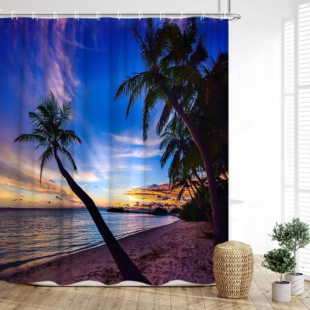 Seaside Shower Curtain Ocean Scenery Beach Waves Sunset Palm Trees