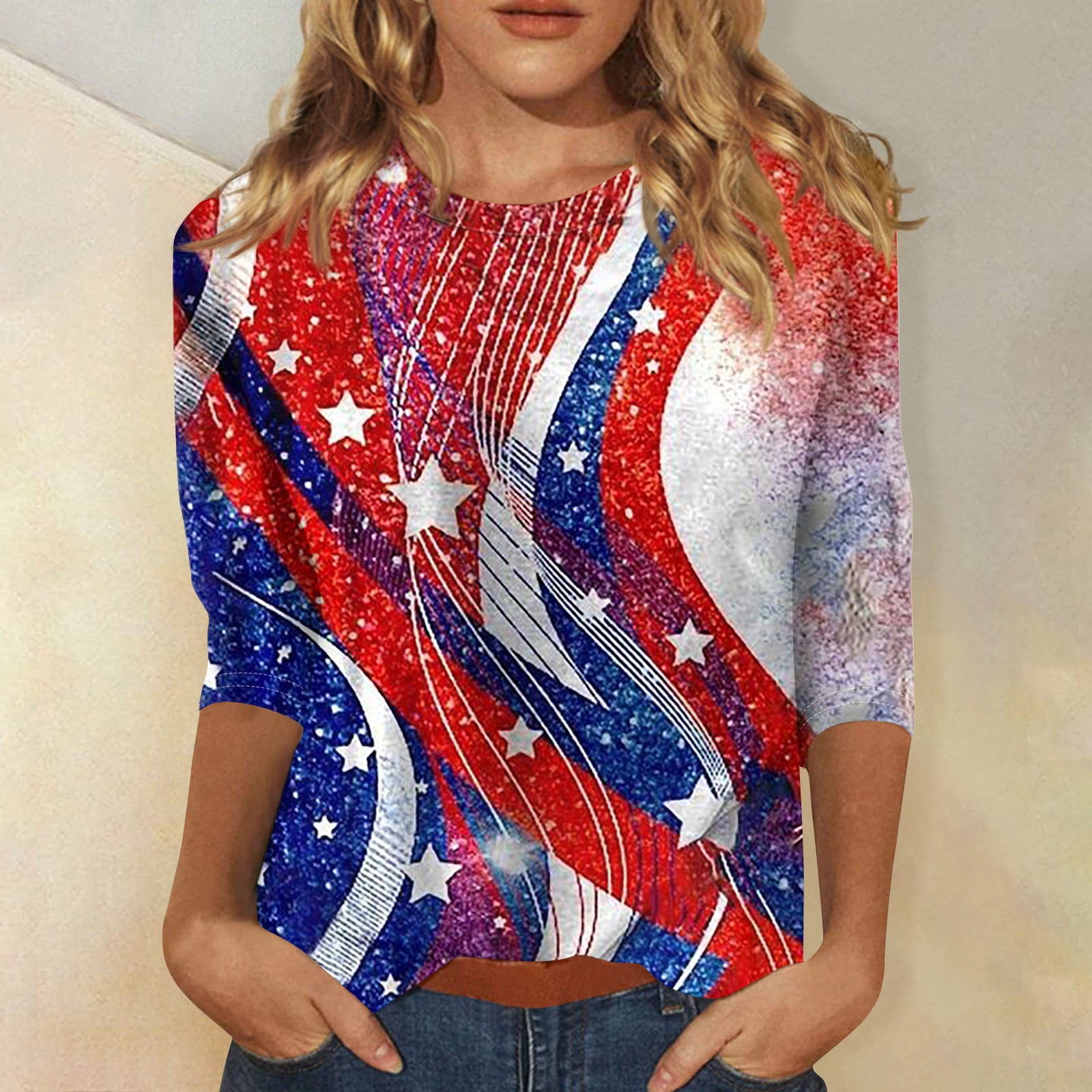 Seniver 4Th Of July Tops Plus Size 3 4 Sleeve Shirts For Women