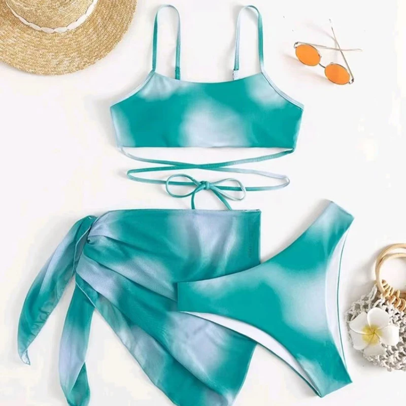 Sexy Tie Dye Printed Bikini Set Summer Women High Waist Split Swimsuits