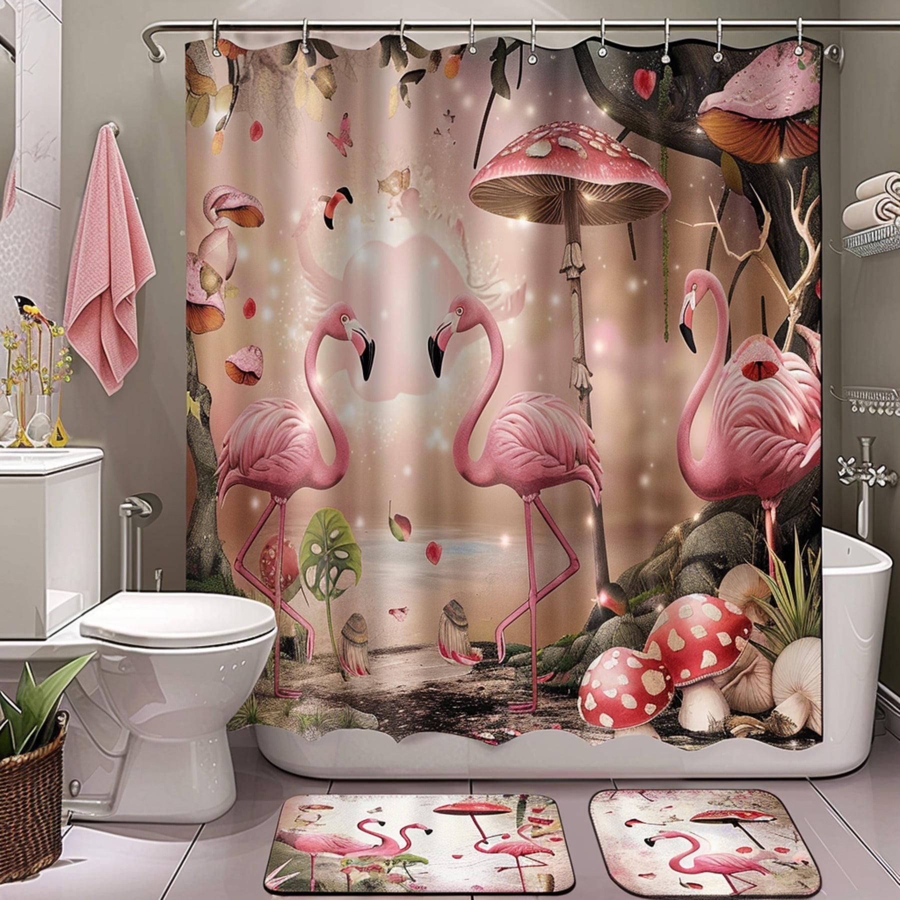 Shabby Chic Flamingos And Mushrooms Bathroom Decor Set Pink Color