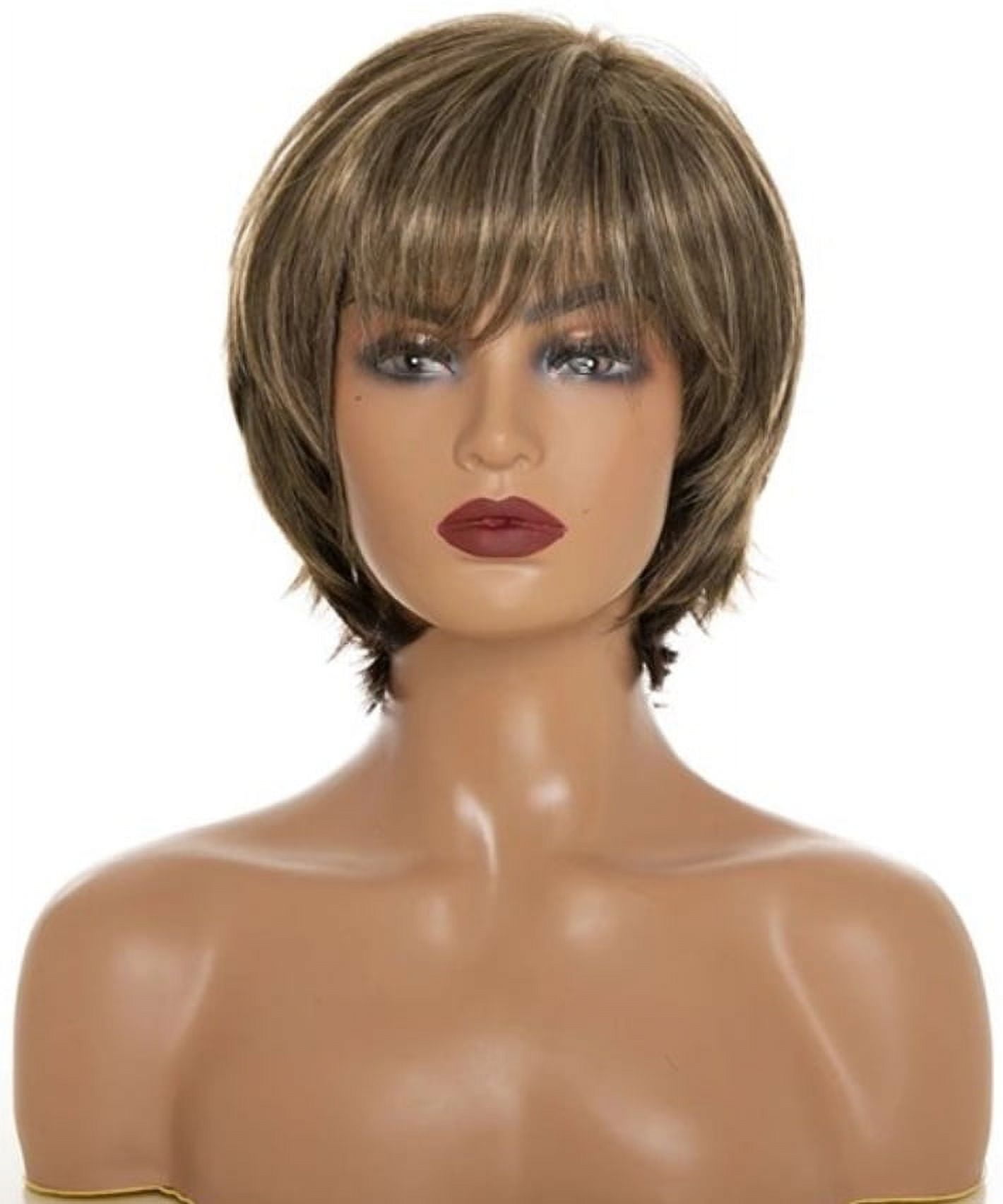 Short Brown Wigs For Women Mixed Blonde Natural Wig With Bangs