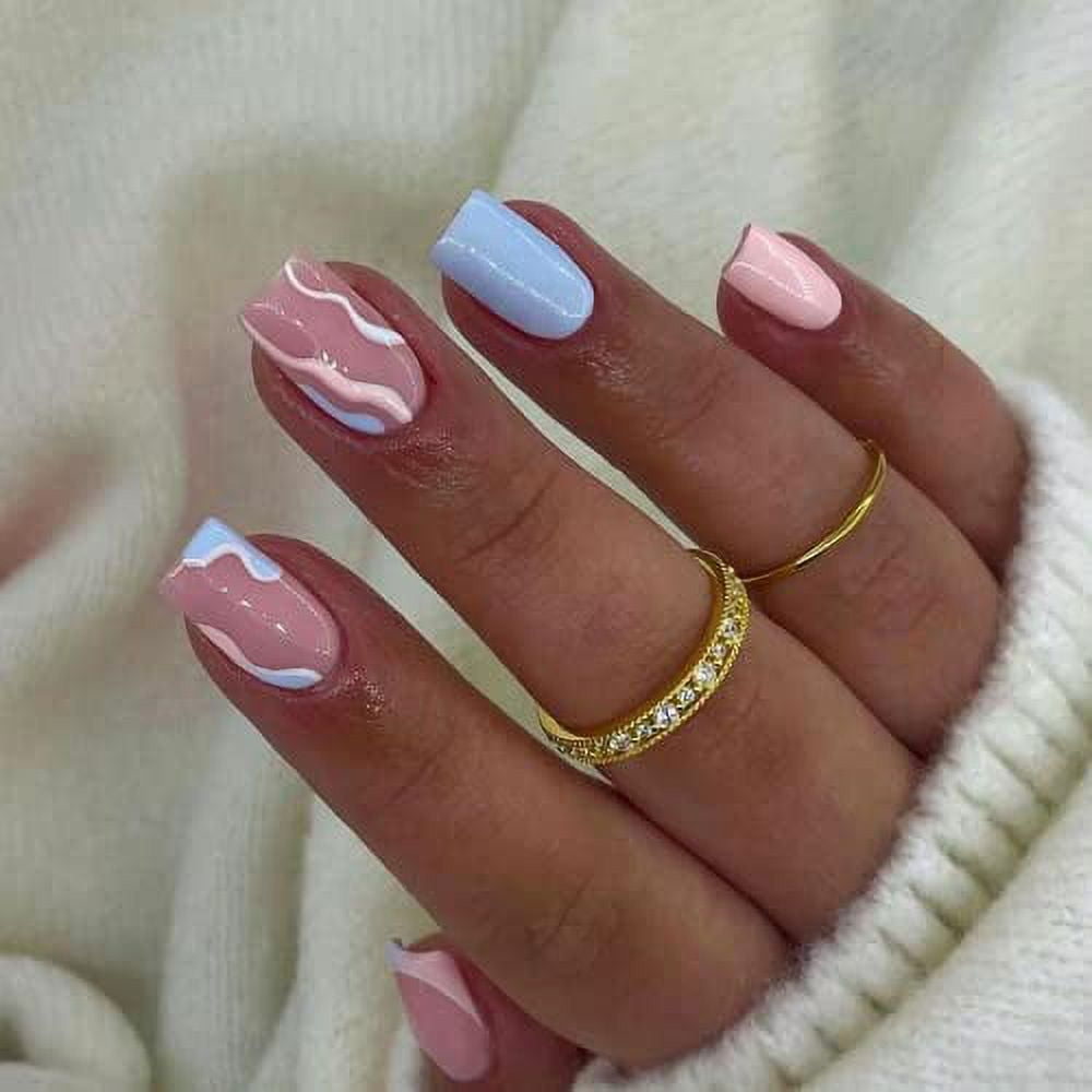 Short Square Press On Nails Nude Pink Baby Blue Kxamelie Glossy Glue On