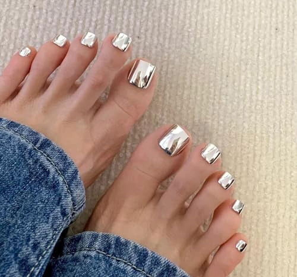 Silver Chrome Square Press On Toenails Short Glossy Fake Toenails