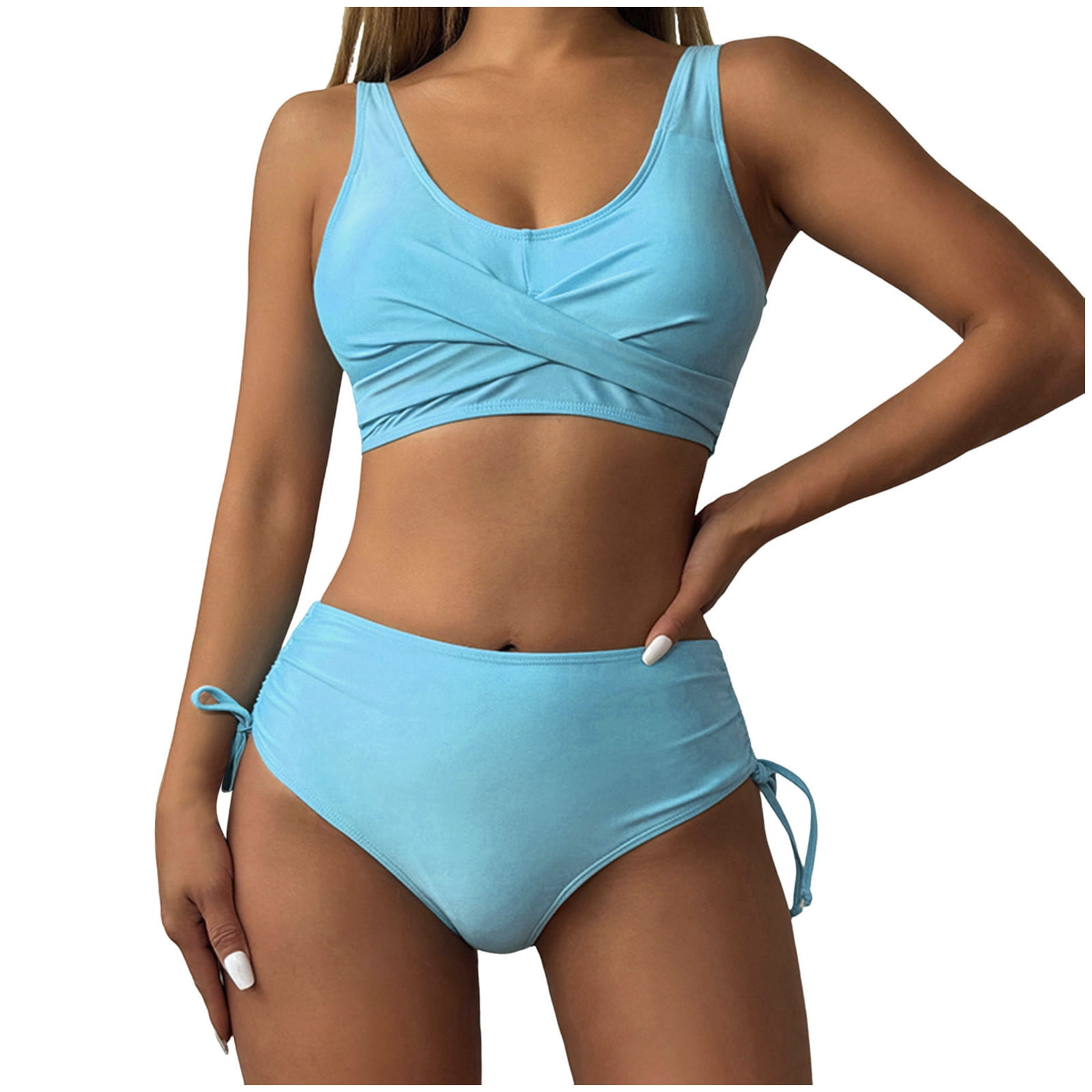 Sngxgn High Waisted Swimsuits For Women Bikini Sets Back Lace Up Tankini Sets Tummy Control Blue