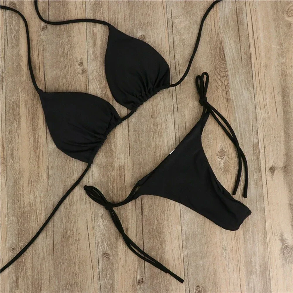 Solid Color Hanging Neck Style Lace Up Bikini Women S Sexy Adjustable