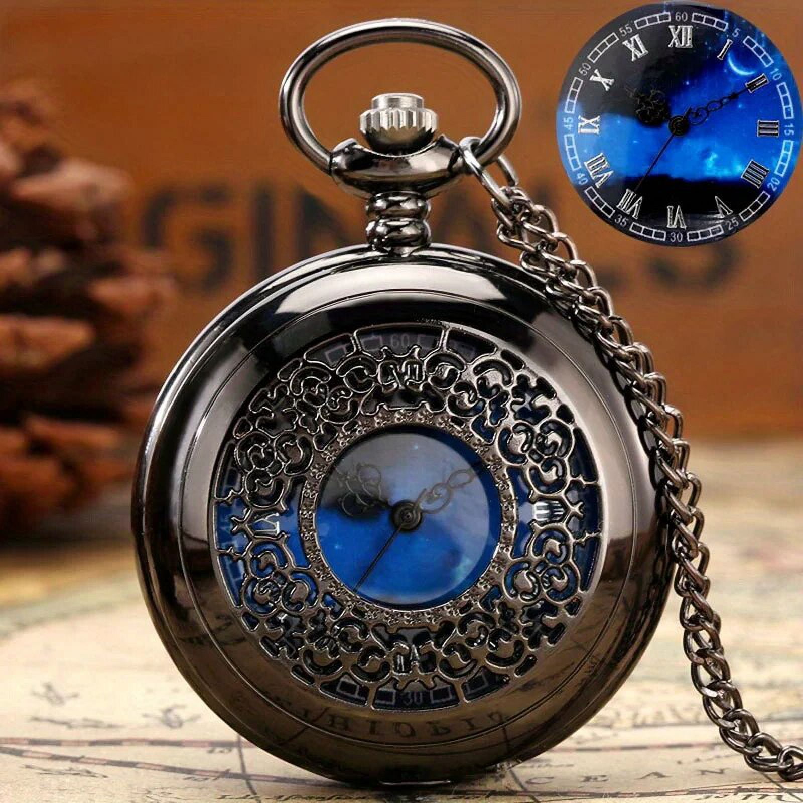 Starry Blue Dial Pendant Bronze Hollow Quartz Pocket Watch Roman