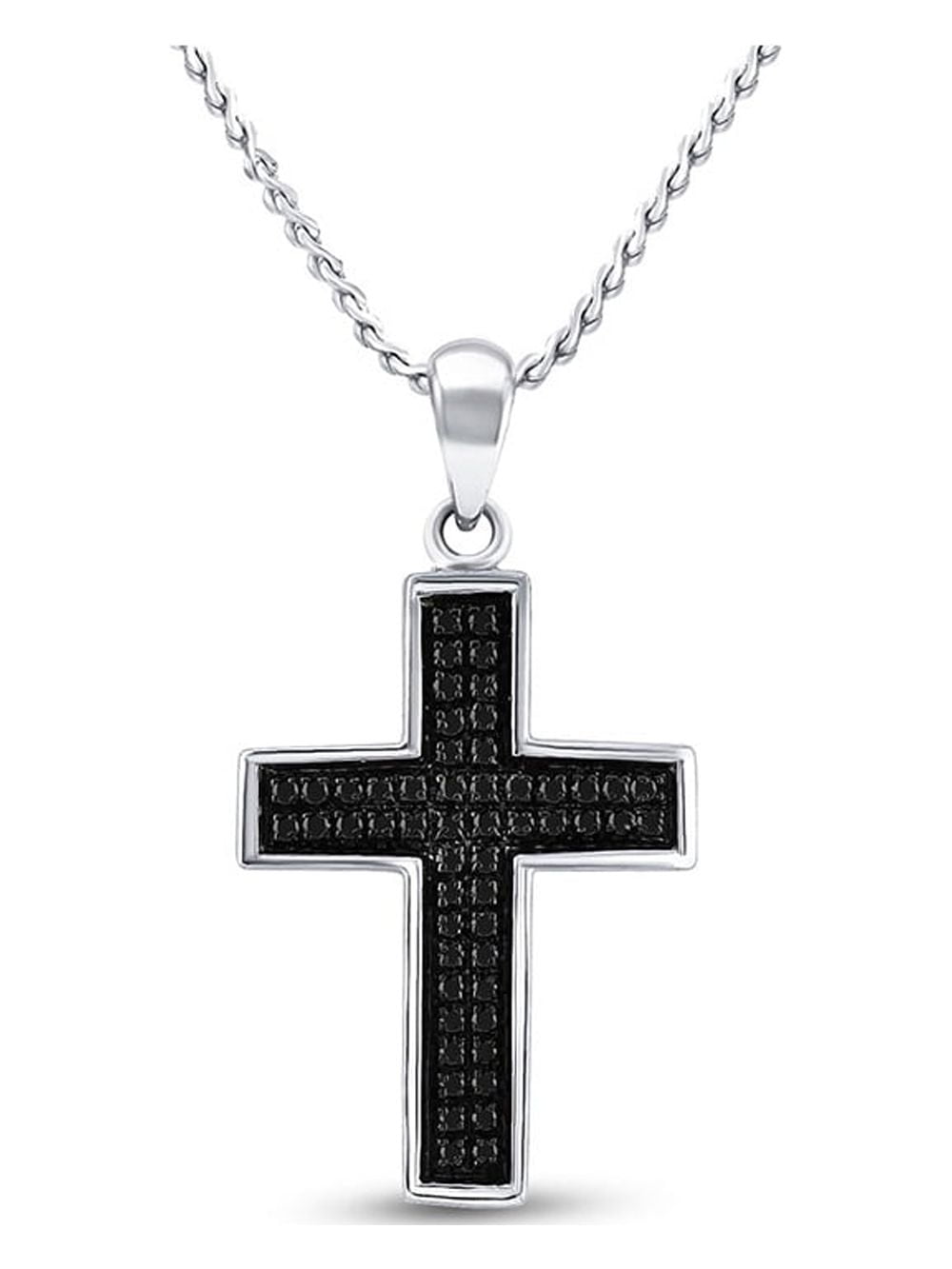 Sterling Silver Mens Round Black Color Enhanced Diamond Cross Charm