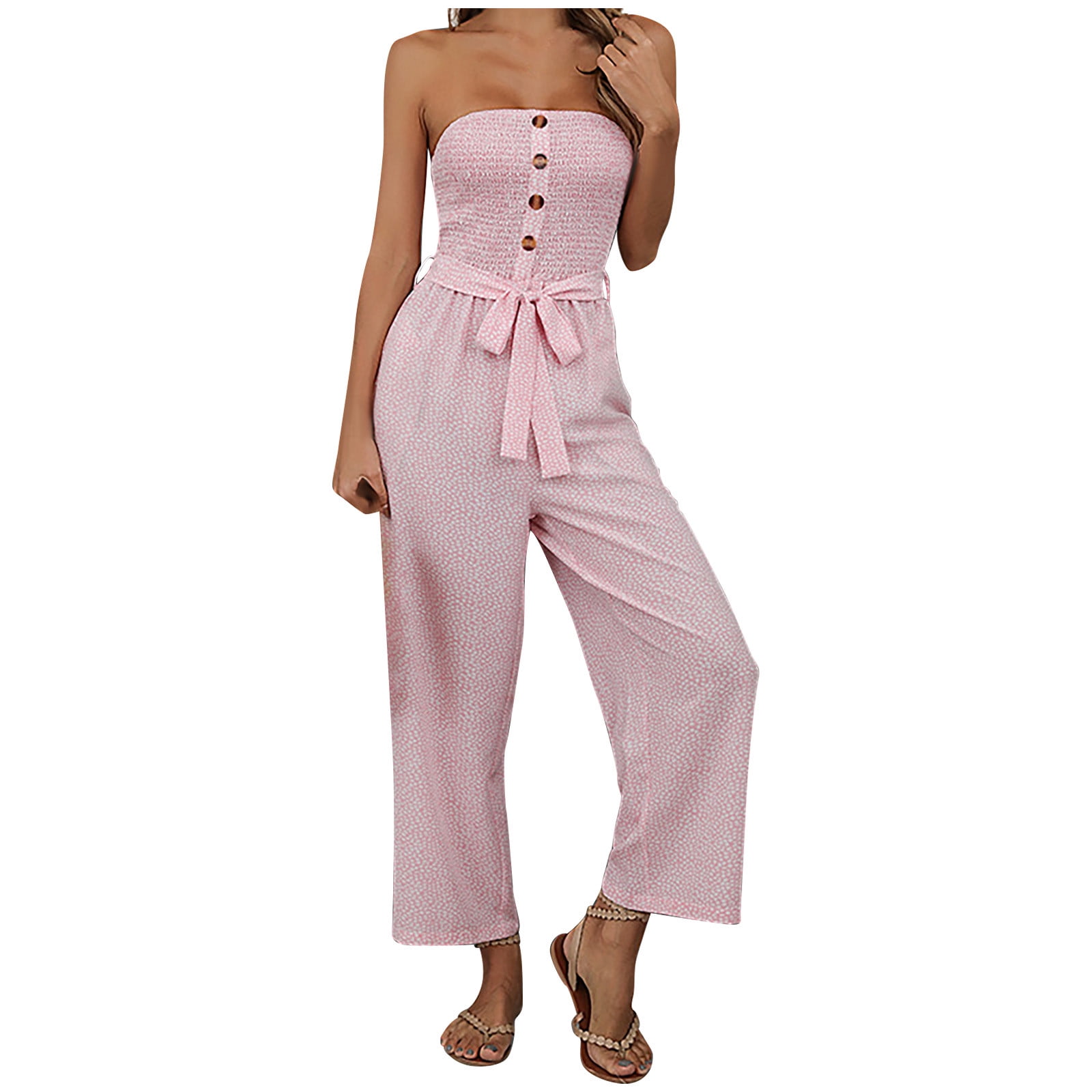 Strapless Jumpsuits For Women Smocked Floral Print Off Shoulder Tie