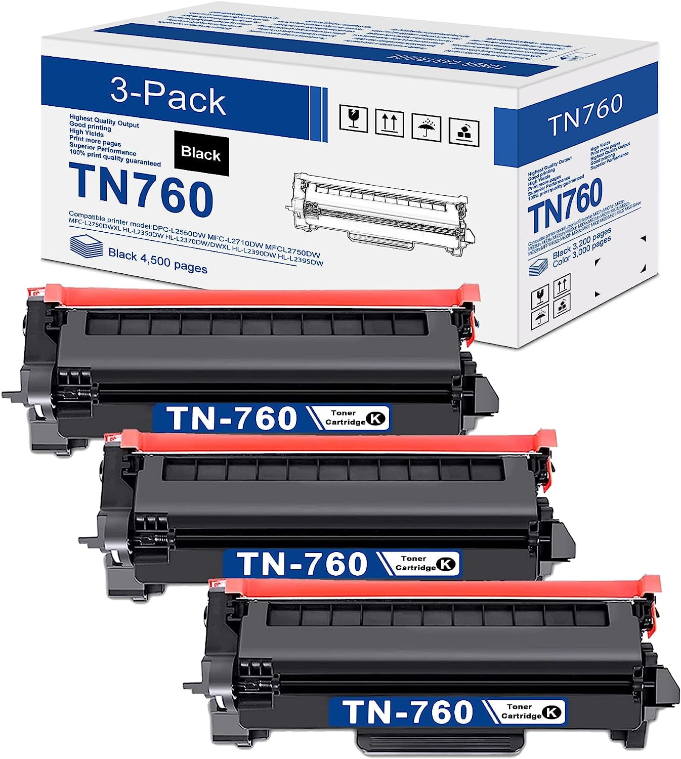 TN760 Black Toner Cartridge 3 Pack Replacement Compatible For Brother