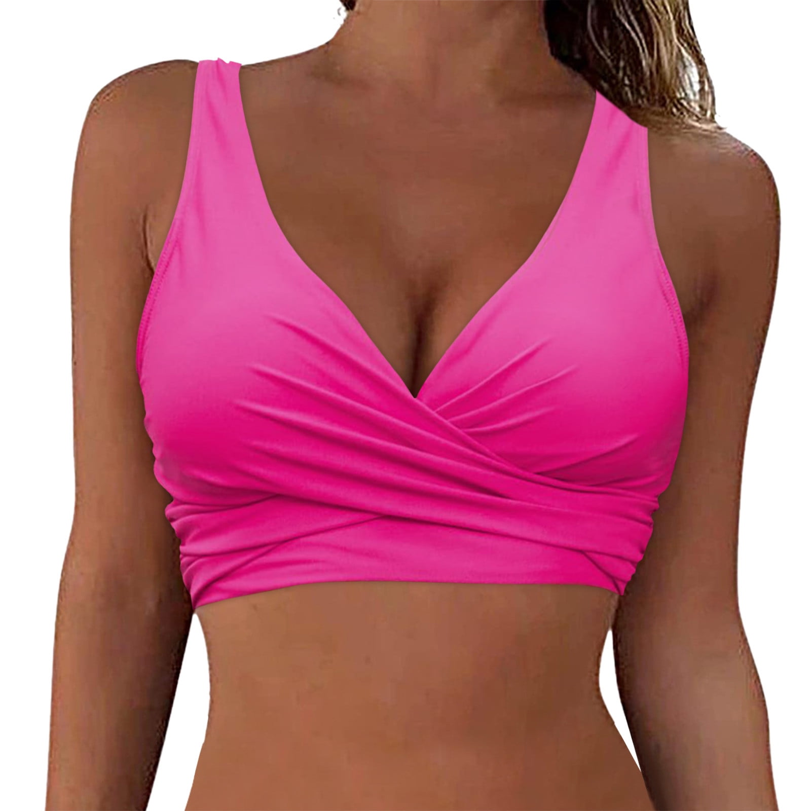 TOWED22 Women S Twist Front Lace Up V Neck Hot Pink Bikini Top Size