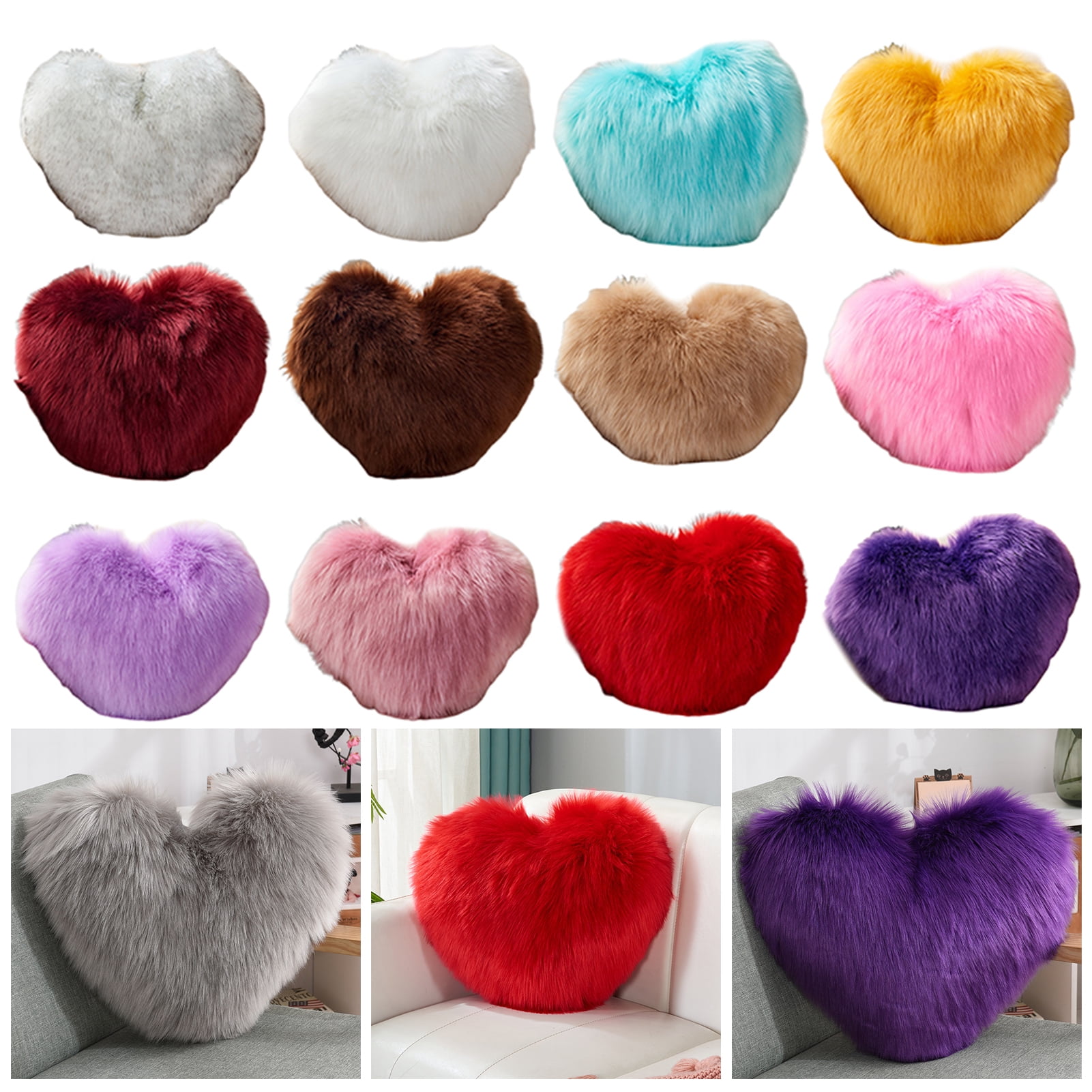 Taosunzt Throw Pillow Fuzzy Long Faux Fur Love Heart Shape Fluffy Sofa