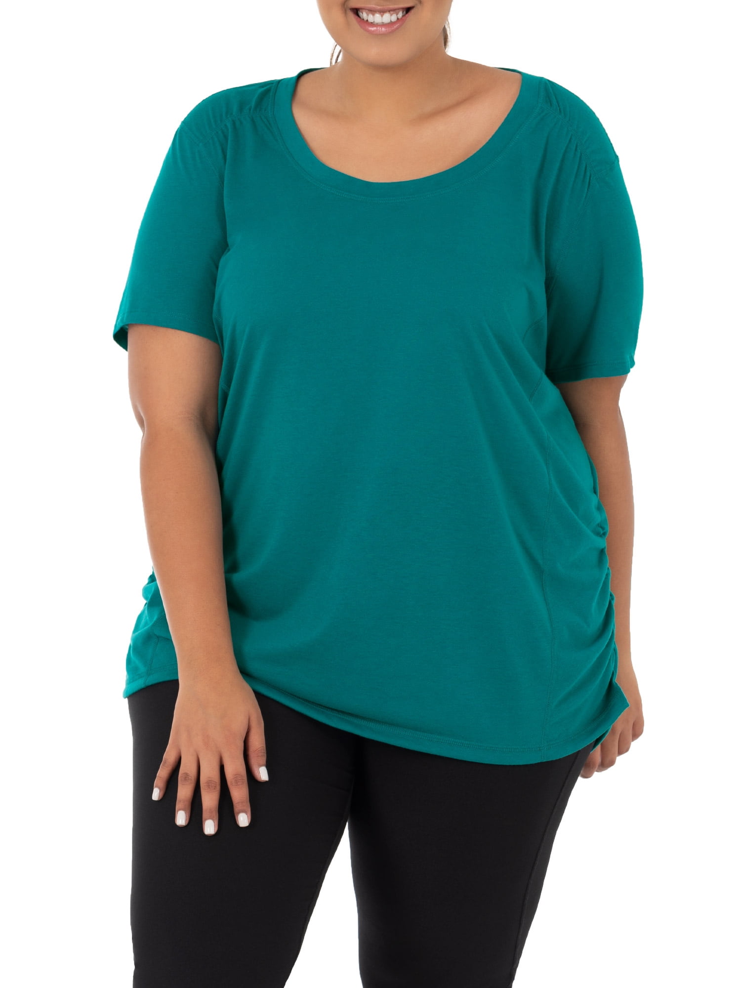 Terra Sky Womens Plus Active Scoop Neck Solid Color Shirred Tee