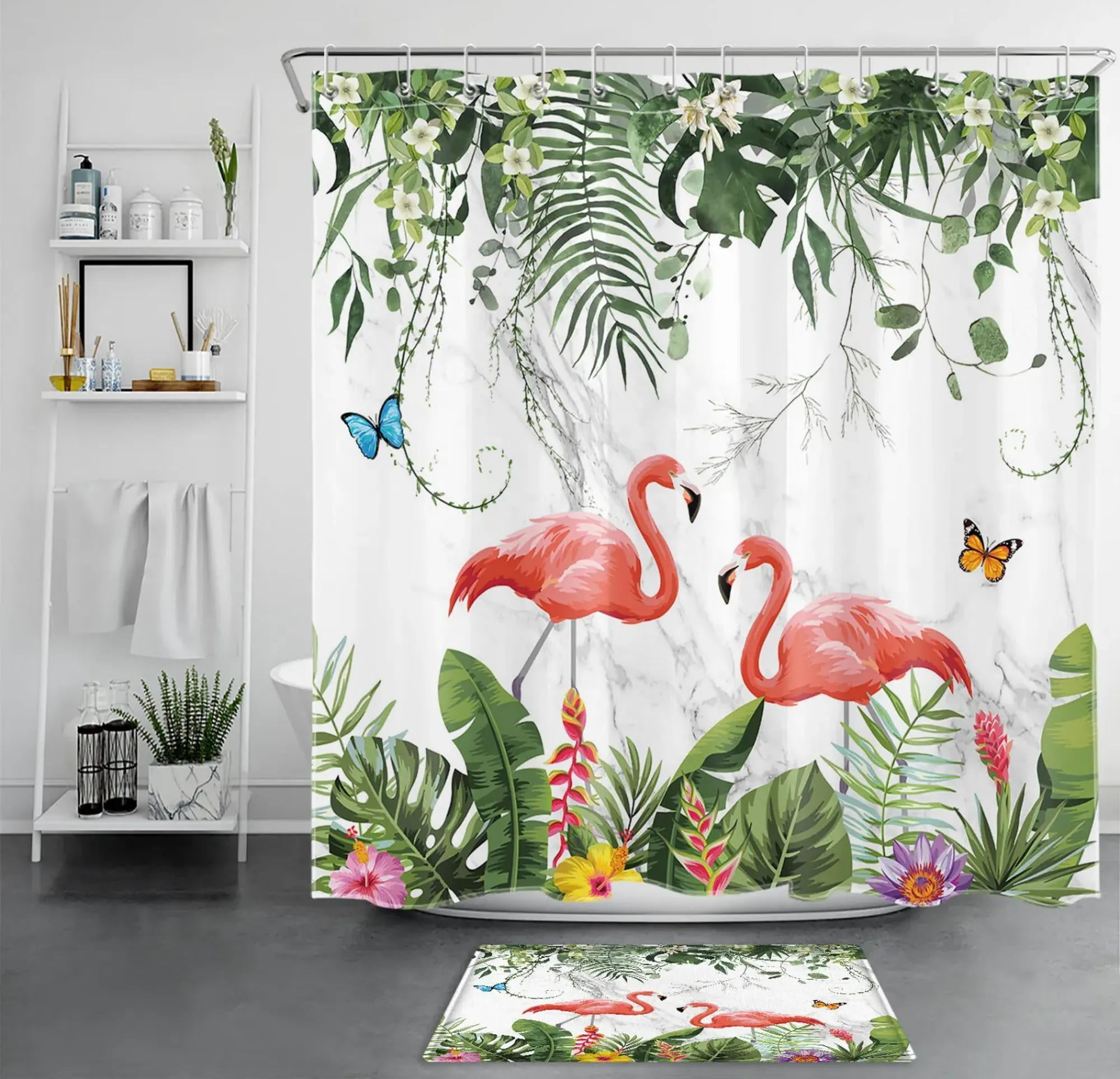 Tropical Paradise Pink Flamingo Shower Curtain With Elegant Marble