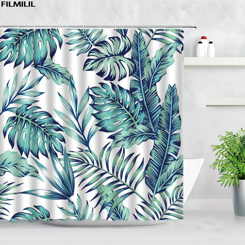 Tropical Plant Leaves Shower Curtains Set Black White Monstera Banana