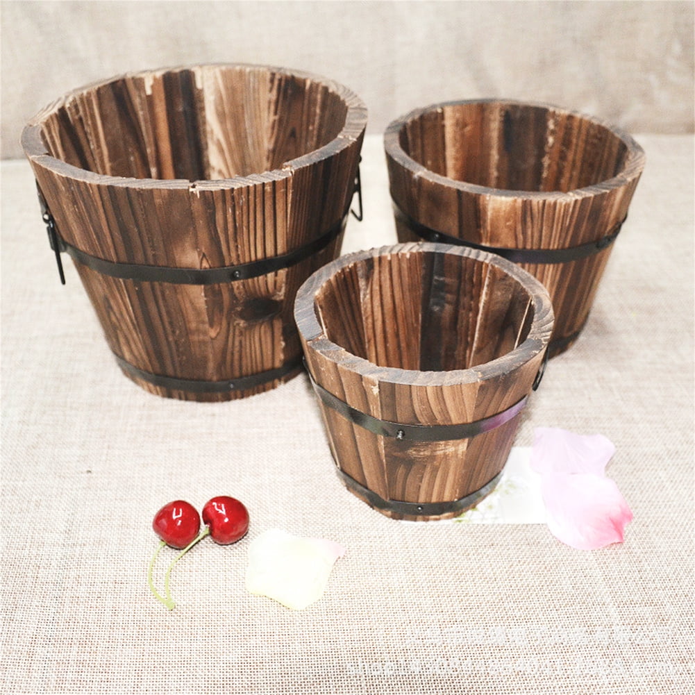 Udiyo Rustic Wooden Whiskey Barrels Bucket With Handle Flower Planter