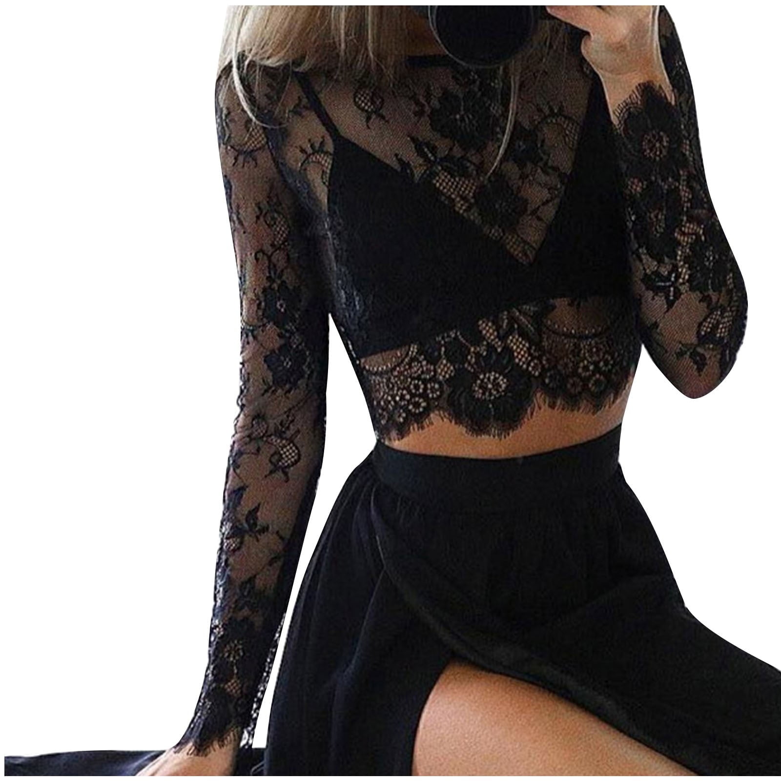 UYISJ Women S Floral Lace Crop Top Y2K Long Sleeve Sexy Mesh Sheer See