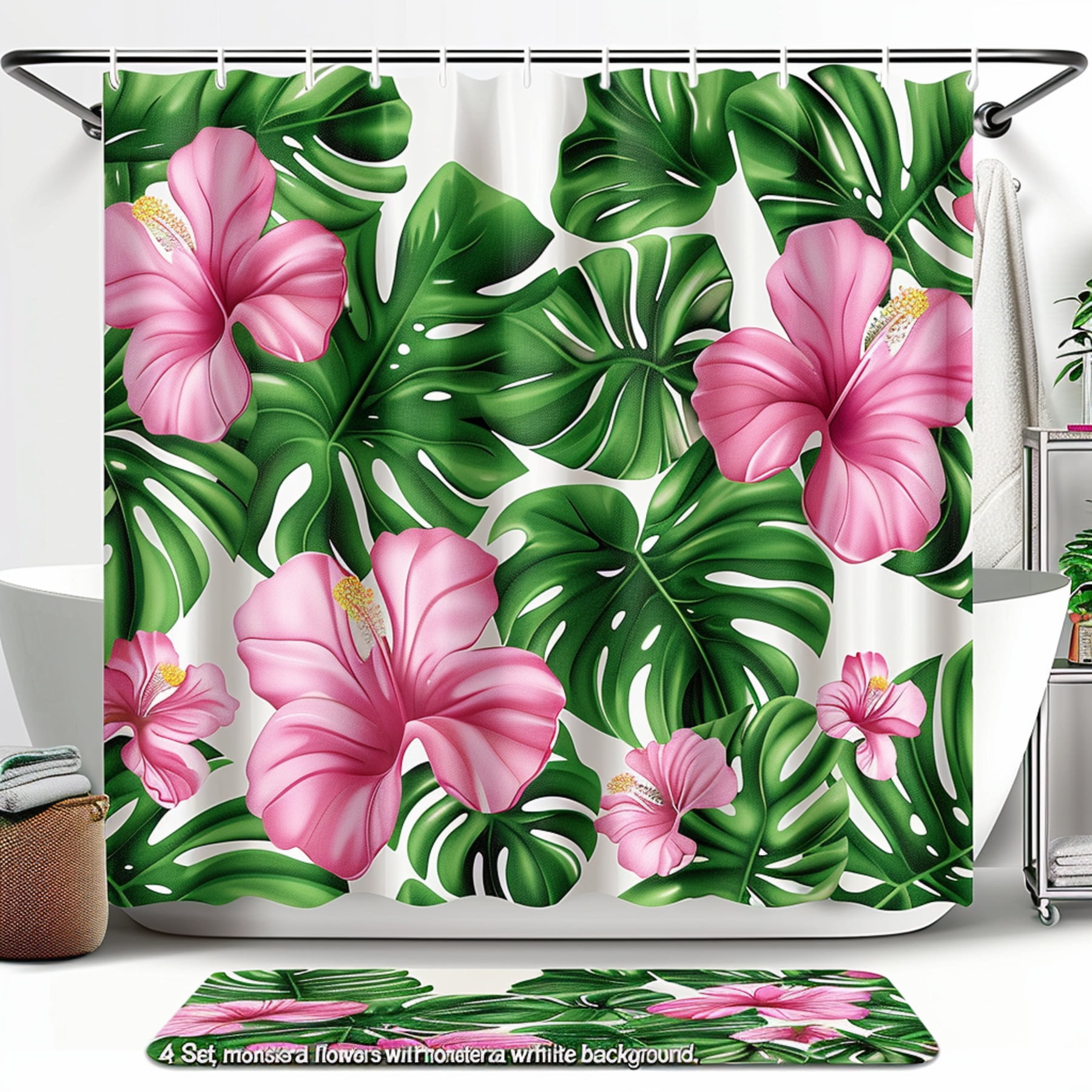 Vibrant Tropical Floral Shower Curtain Set Pink Green Flowers