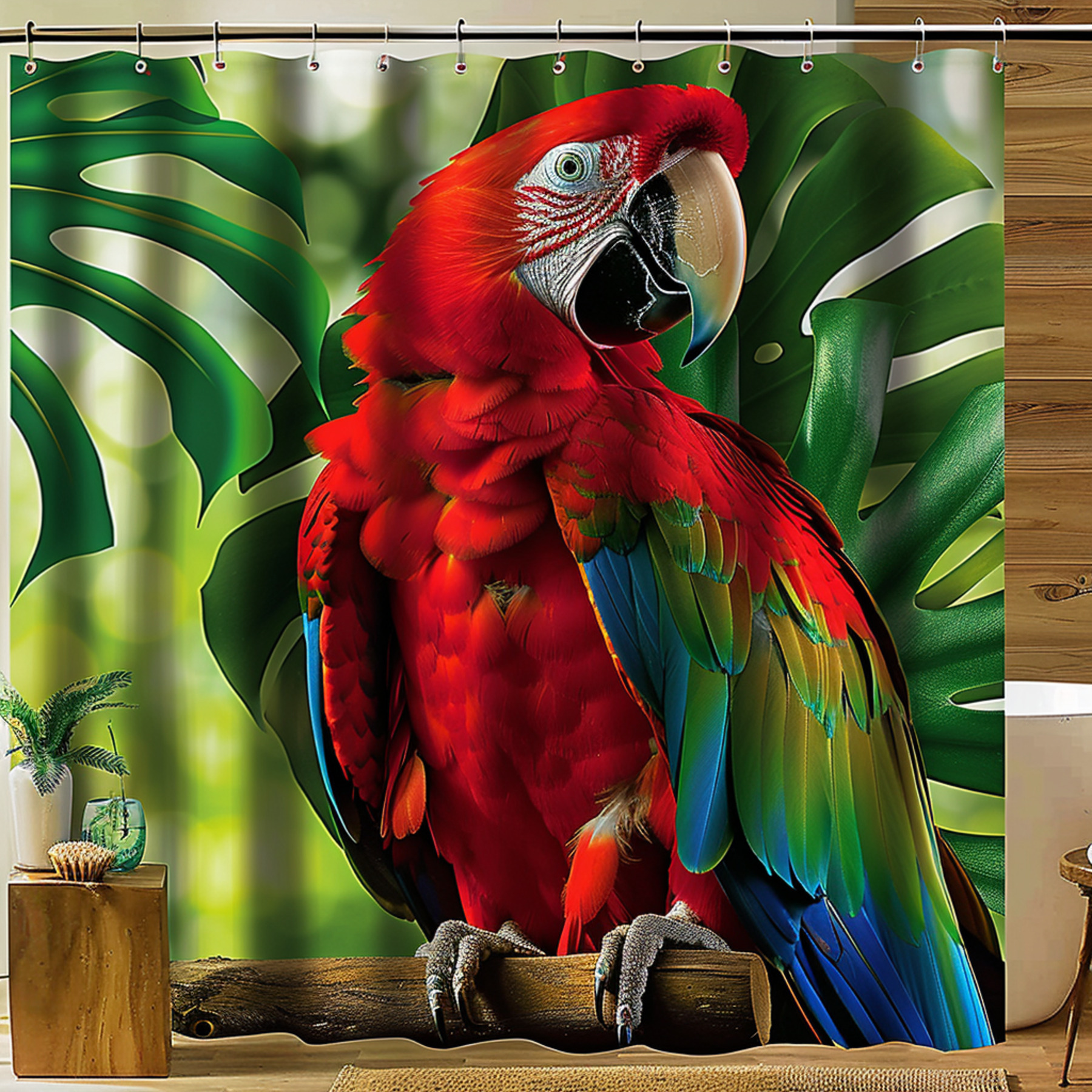 Vibrant Tropical Paradise Shower Curtain Stunning Parrot Design Lush