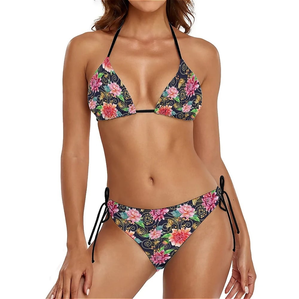 Vintage Baroque Floral Thong Bikini Swimsuit Flowers Print Swimwear