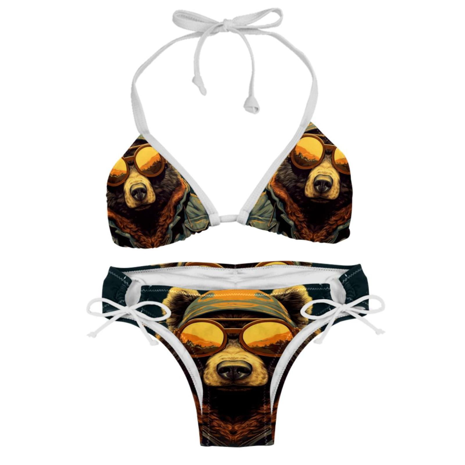 Vintage Bear Adjustable Strap Bikini Set With Detachable Sponge Two