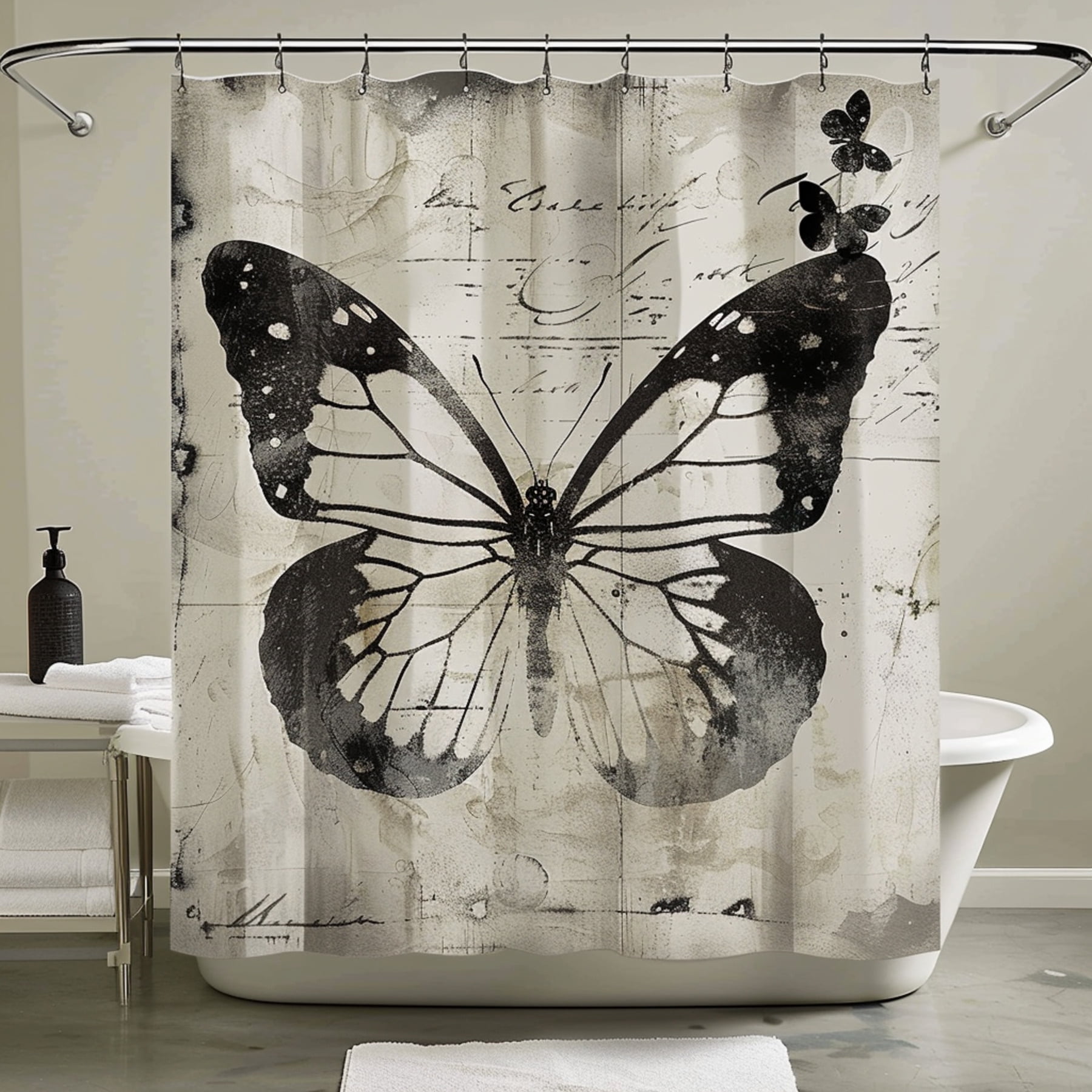 Vintage Butterfly Shower Curtain Antique Monochromatic Print On Cream