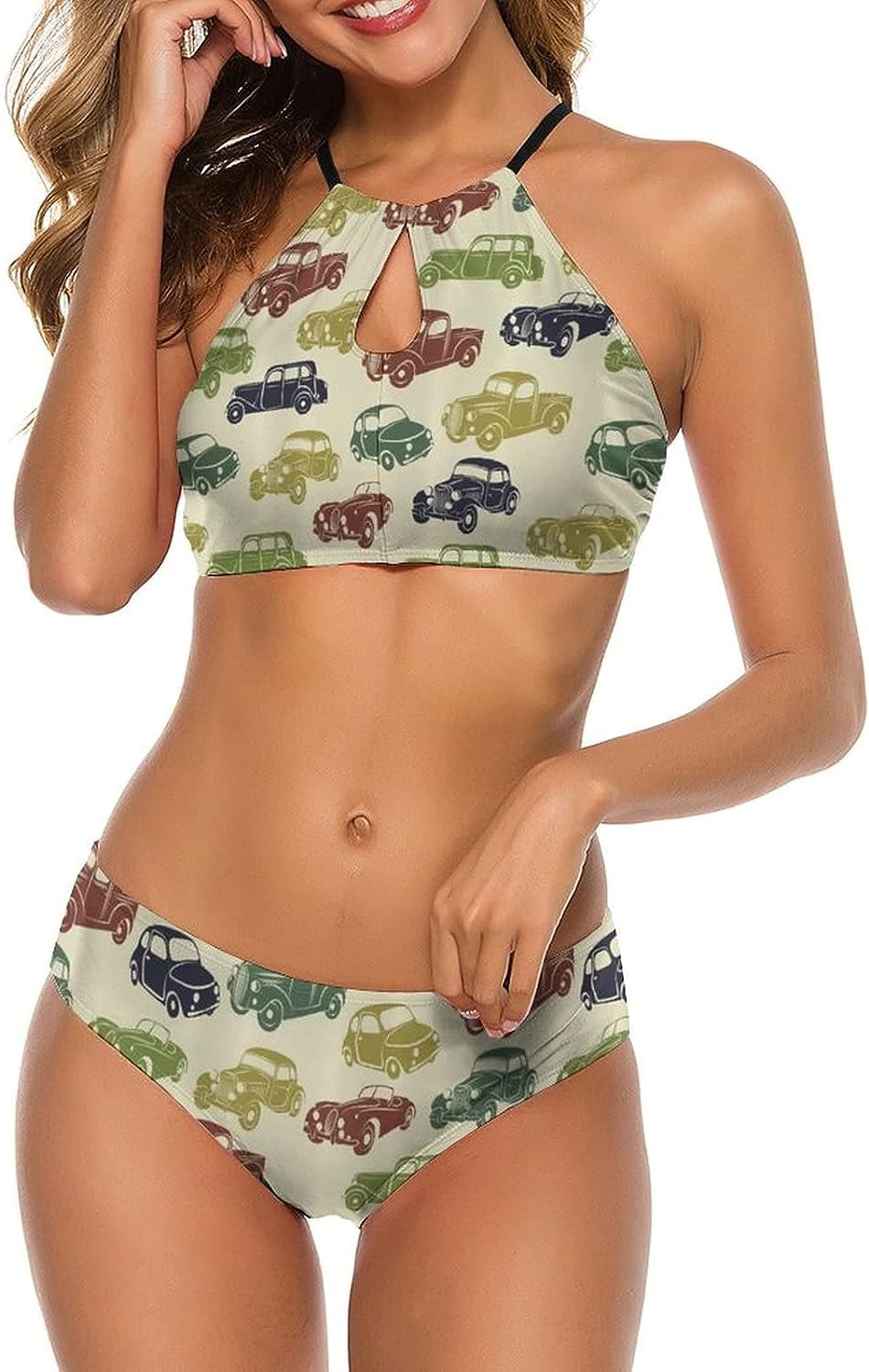 Vintage Car Designs From Fifties Women S Two Pieces Bikini Set Halter