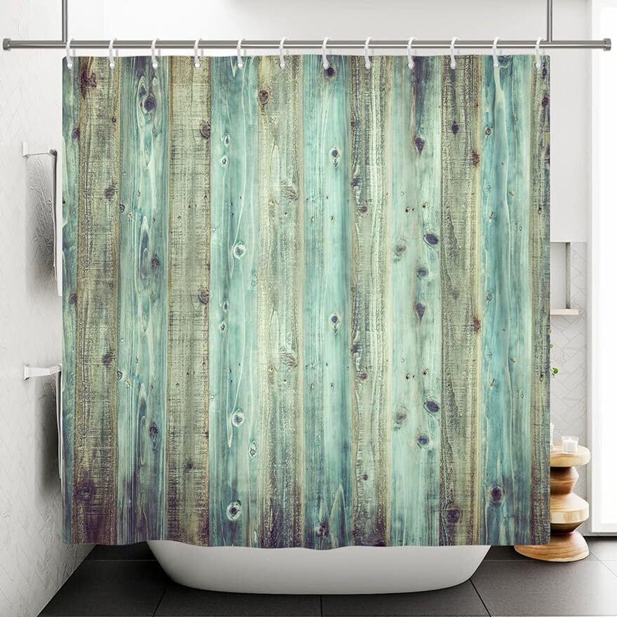 Vintage Teal Wood Plank Shower Curtain Distressed Timber Design