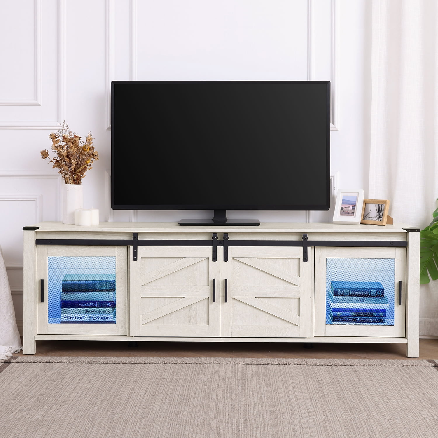 WAMPAT Blue LED Farmhouse TV Stand For 75 Inch TV Sliding Barn Door