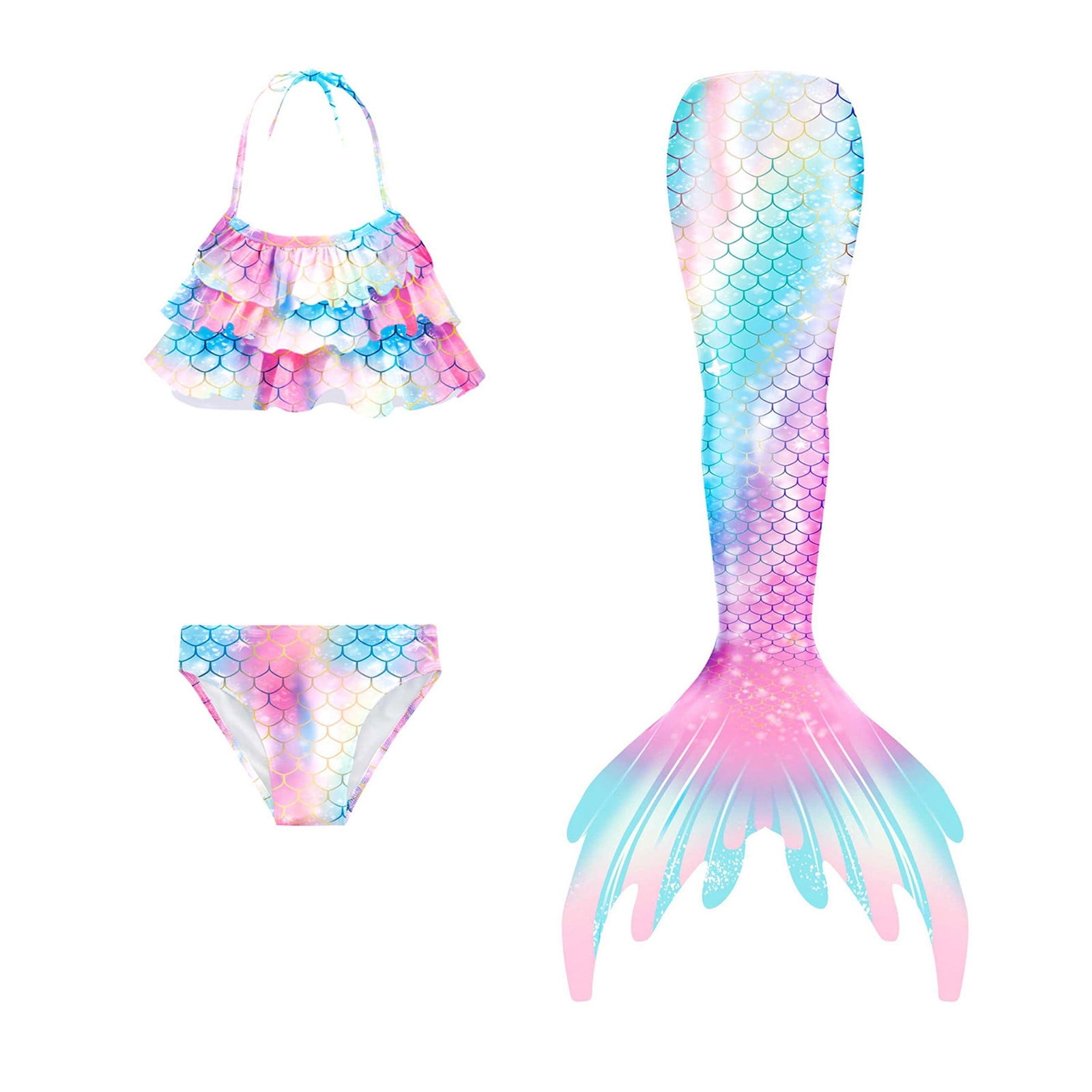WOYY Girls Princess Ruffle Bikini Fish Tail Set Piece Swimsuit