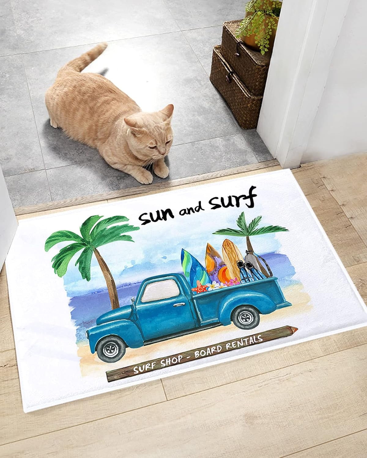 Watercolor Blue Truck Summer Surfing Bathroom Shag Mat Non Slip