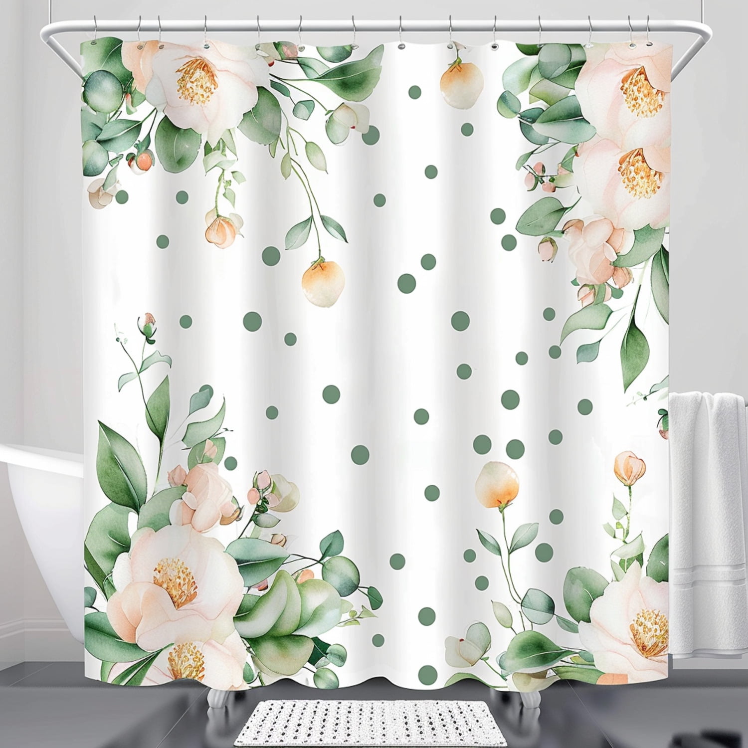 Watercolor Floral Eucalyptus And Peony Shower Curtain Set With Cartoon