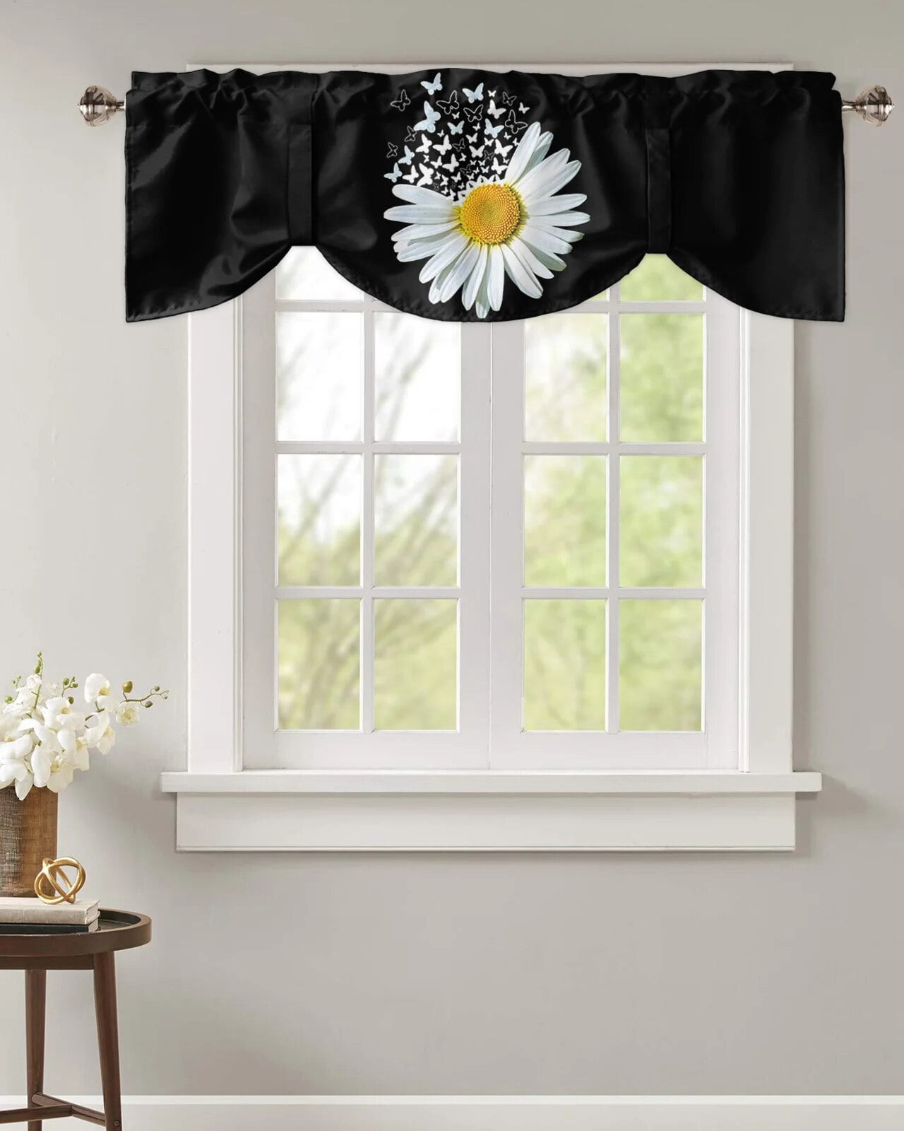 White Daisy Butterfly Flower Black Window Valance Curtain Kitchen Cafe