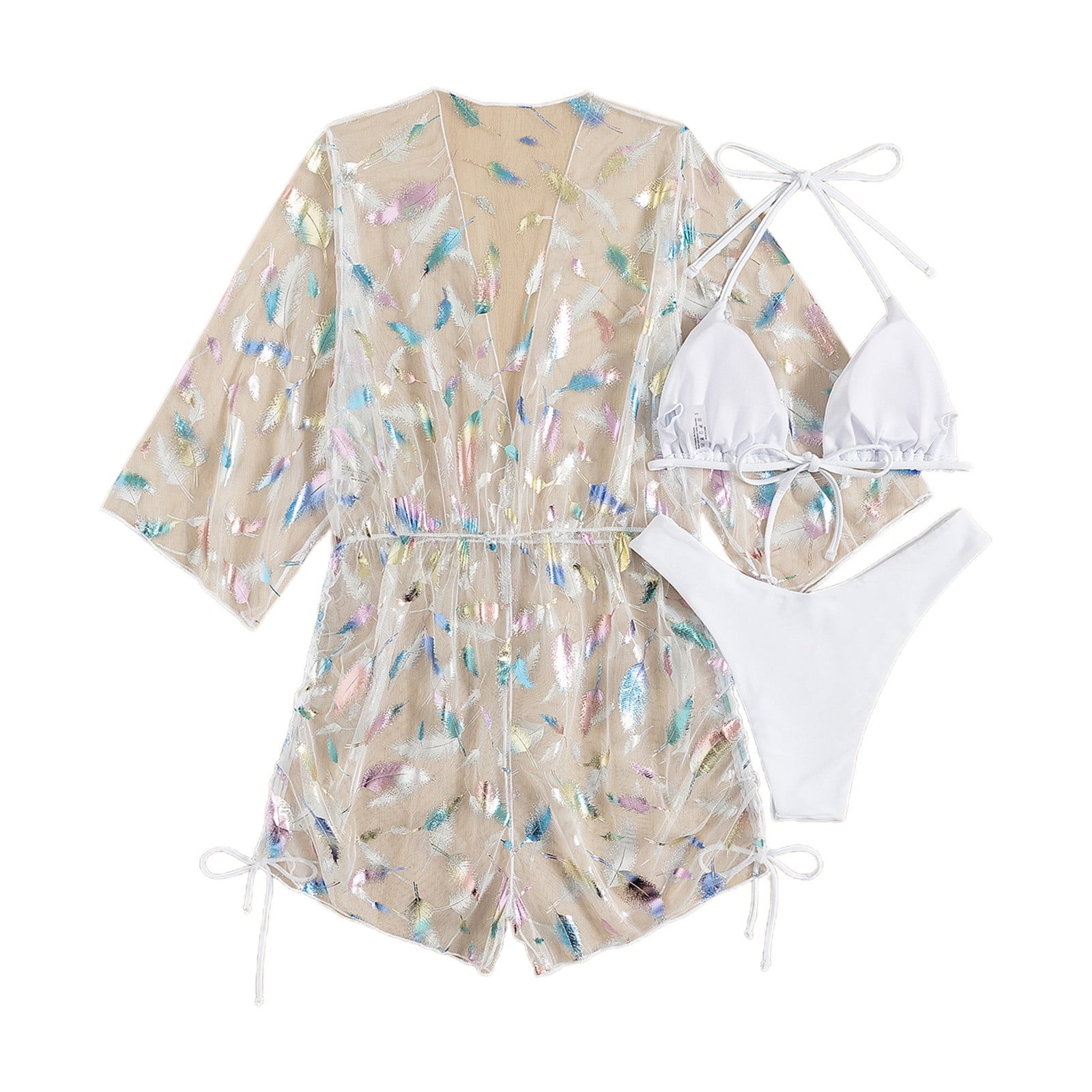 Women Swimsuits Mesh Three Piece Feather Print Backless Two Piece Bikini White Womens Bathing