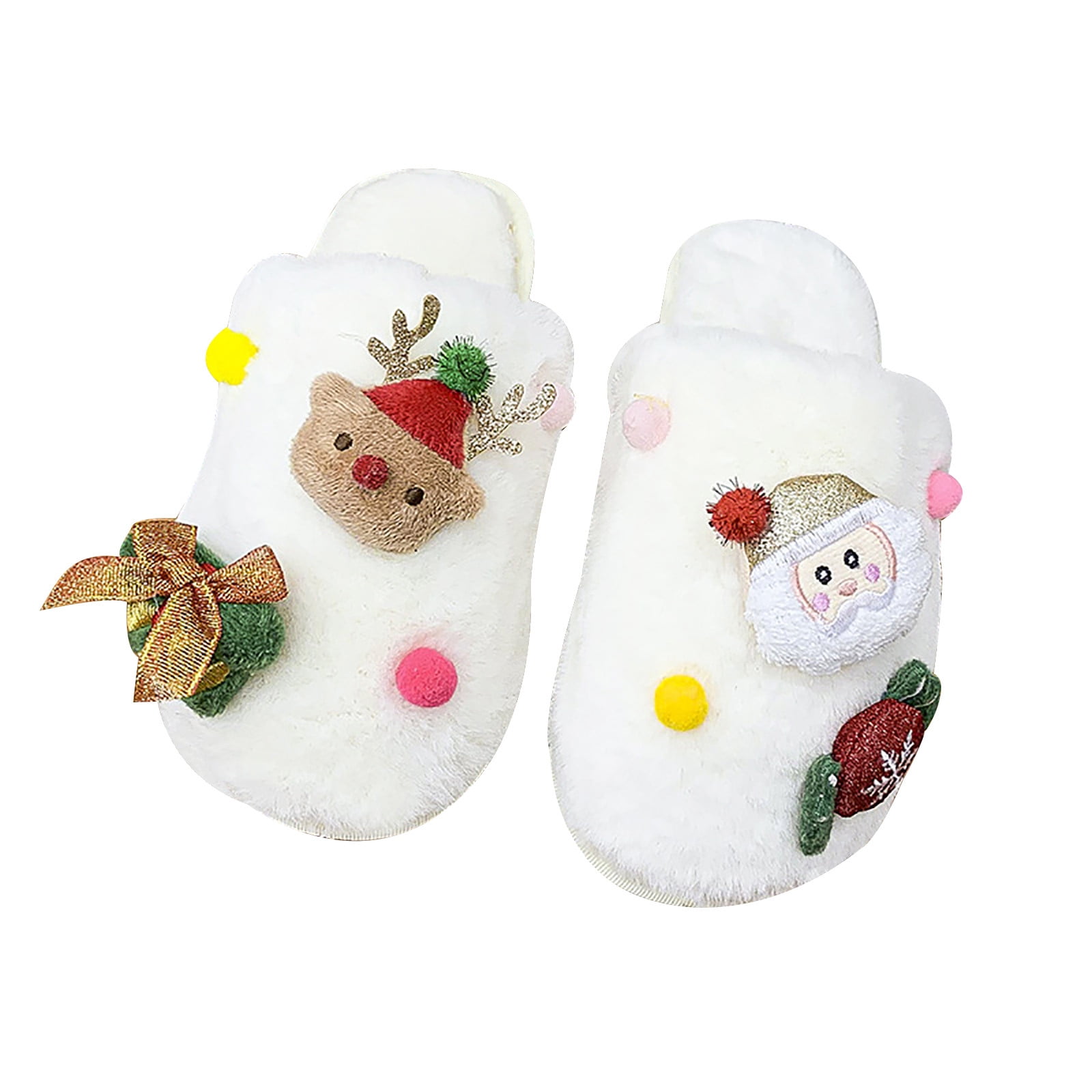 Women Xmas Indoor Fuzzy House Slippers Cute Cartoon Santa Reindeer