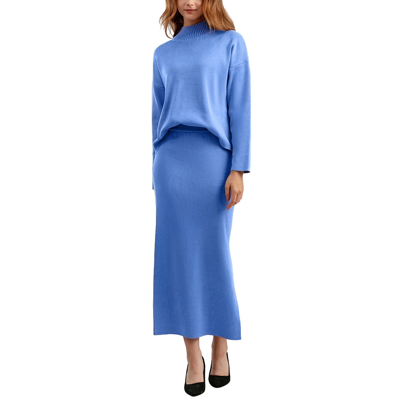 Women S 2 Piece Outfits Fall And Winter Long Sleeve Tops High Slit