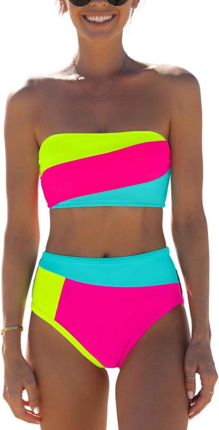 Women S Color Block Bandeau Swimsuits Strapless Bikini Sets Mid Rise