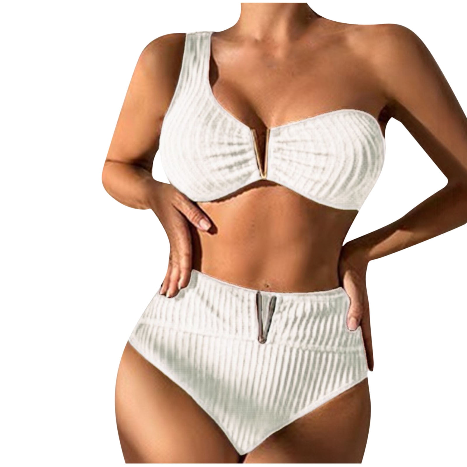 Women S Ribbed One Shoulder Bikini Set With Padded High Waisted Two