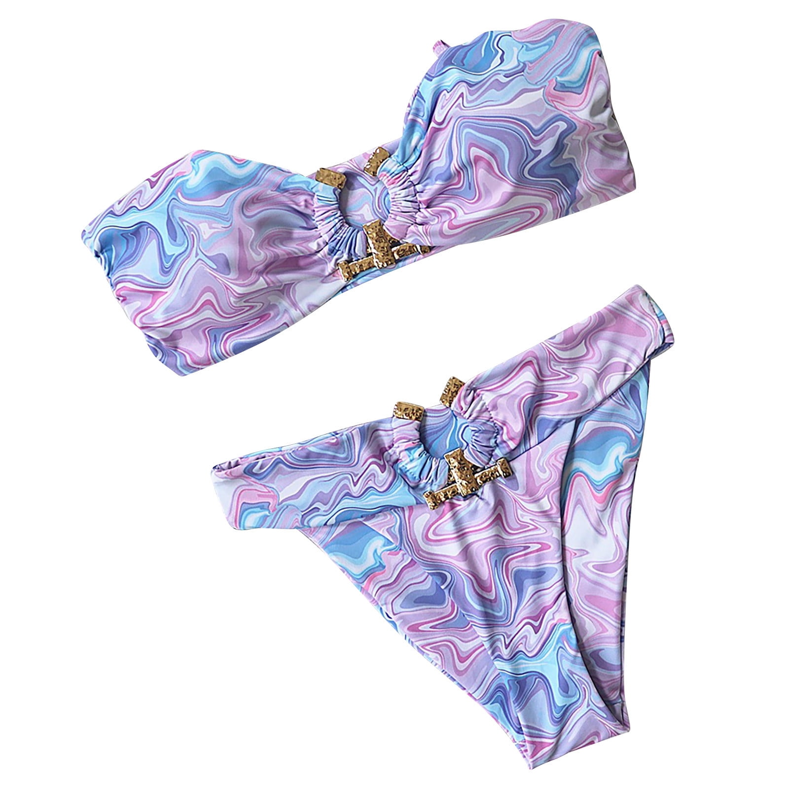 Womens Tie Dye Bikini Swimsuit Sexy O Ring Bandeau Halter Bikini Sets