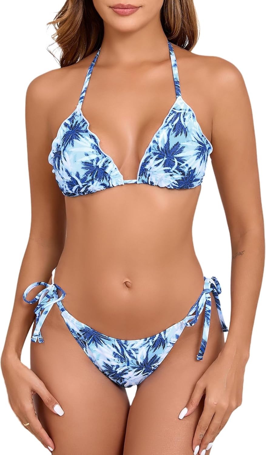 Women S Two Piece Triangle Bikini Sets Ruffle Halter Tie Side String