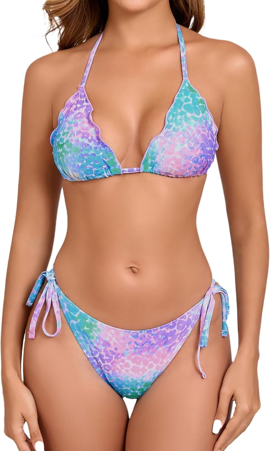Women S Two Piece Triangle Bikini Sets Ruffle Halter Tie Side String