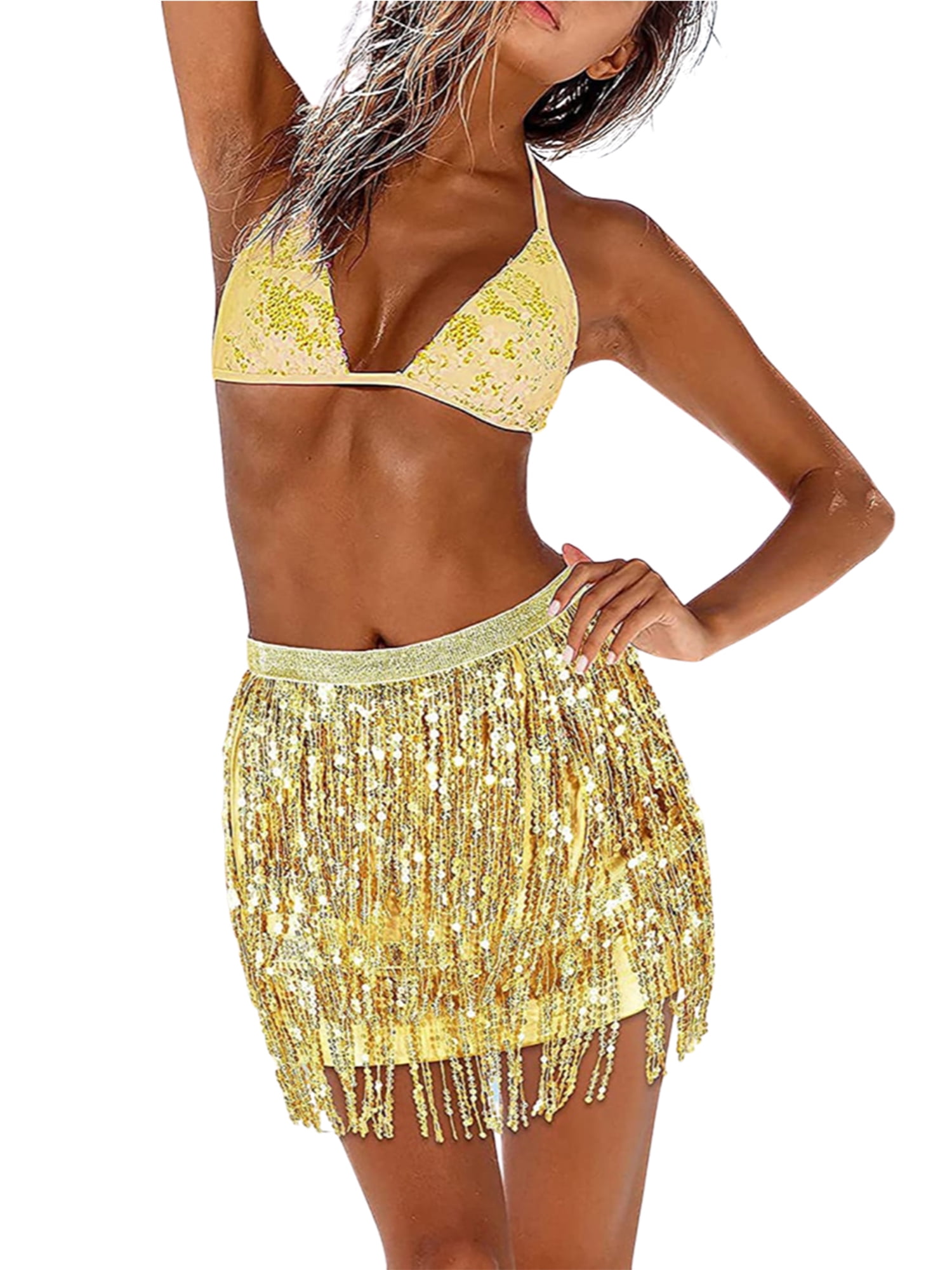 Womens Belly Dance Hip Skirt Sequin Tassel Fringe Skirts Scarf Belt