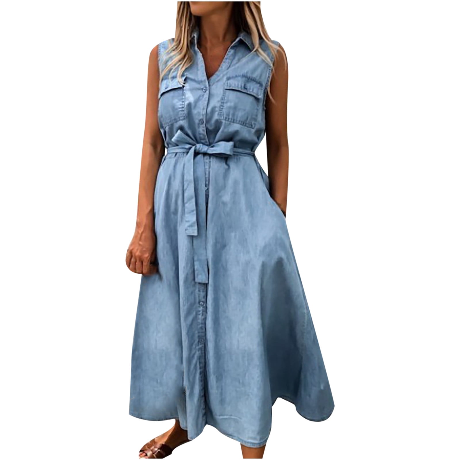 Womens Denim Dresses Button Down Sleeveless Tank Dress A Line Shirt