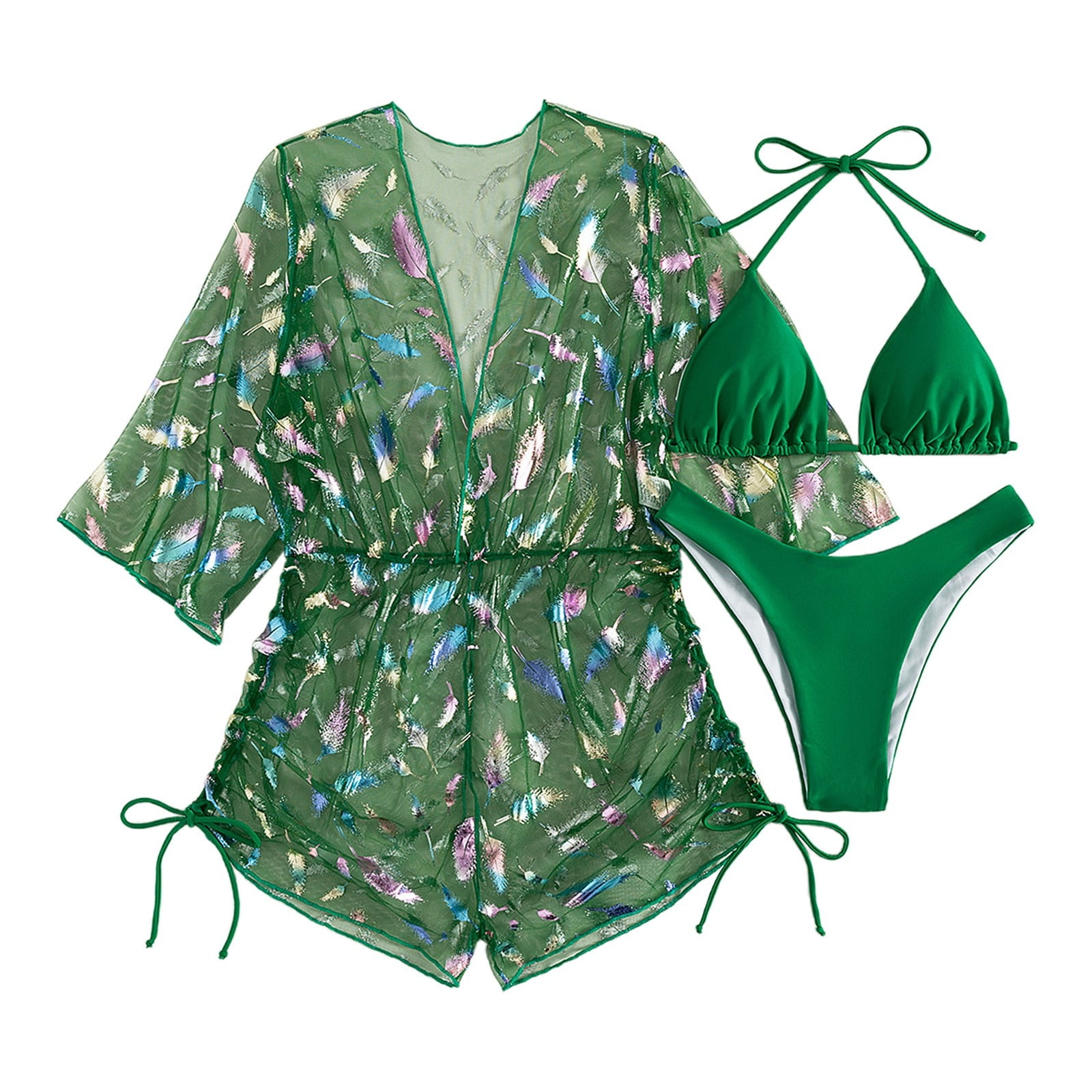 Womens Swimsuits Mesh Three Piece Feather Print Sexy Backless Two Piece Bikini Green Womens