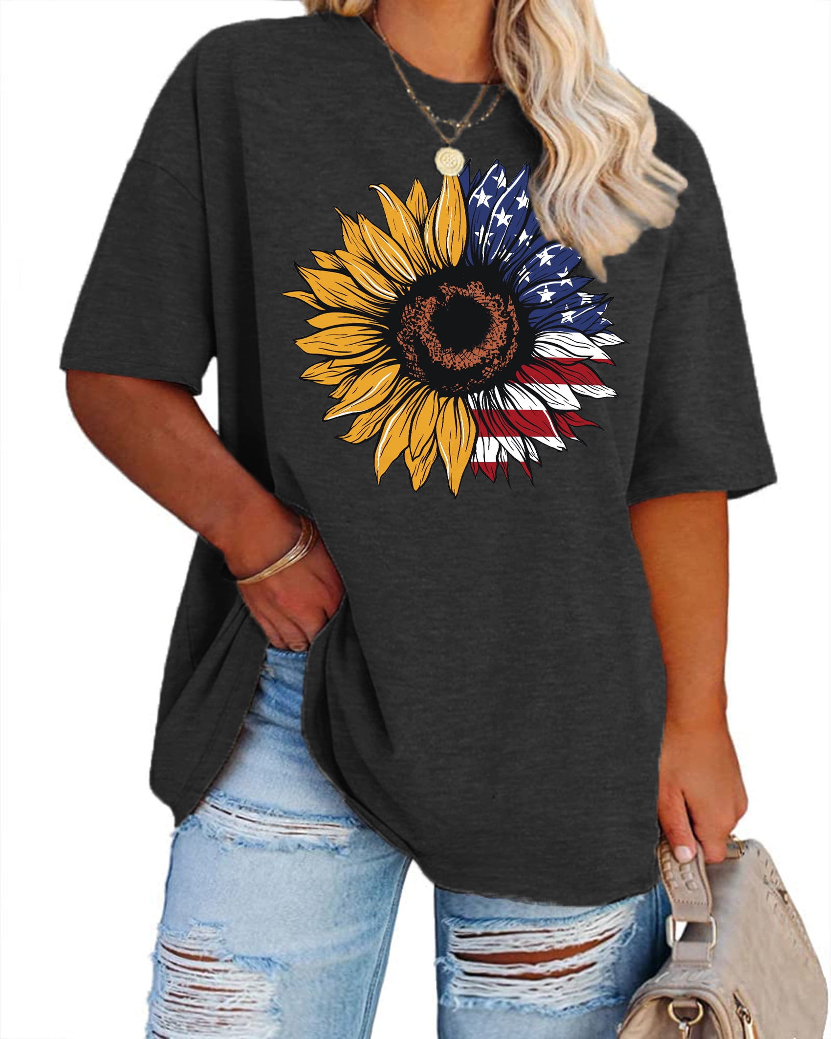 Yi Xiang Ran Th Of July Shirts For Women Plus Size Usa Flag Flower T