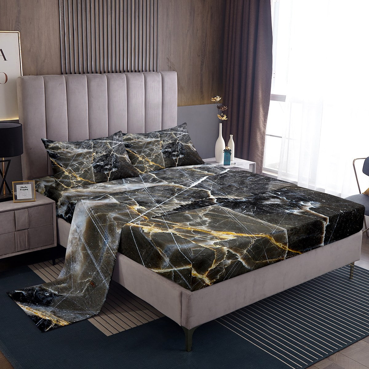 Yst Abstract Dark Grey Full Sheets Black Marble Bed Set Gold Metallic