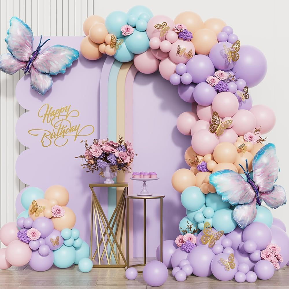 YYBD 148Pcs Butterfly Foil Balloon Garland Arch Kit Purple Blue Pink